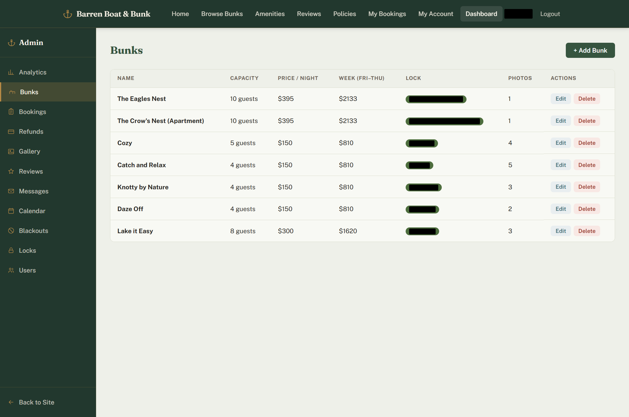 Admin bunk management with pricing and smart-lock assignment (lock IDs redacted)