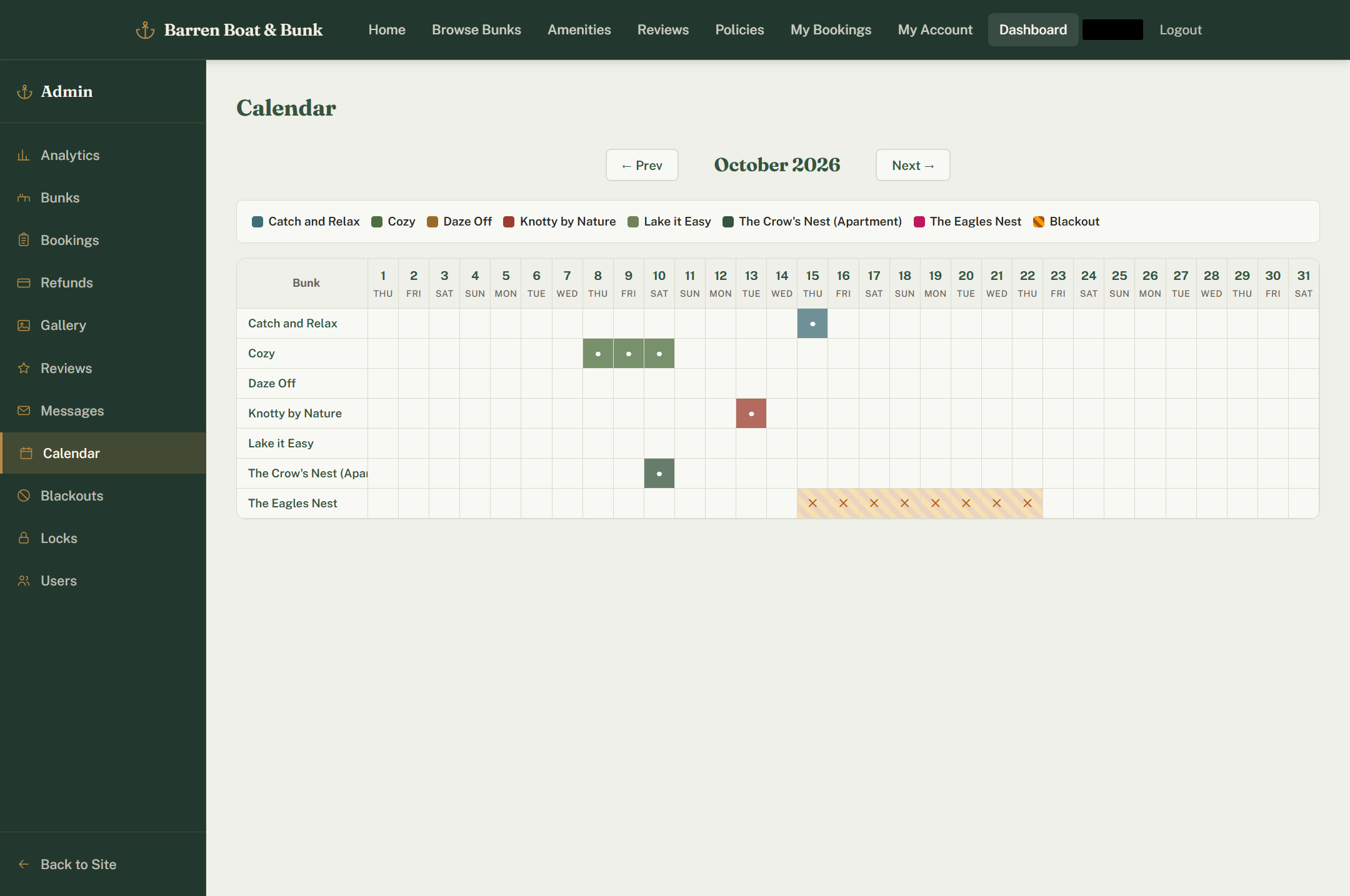 Admin occupancy calendar showing bookings and blackout dates per bunk