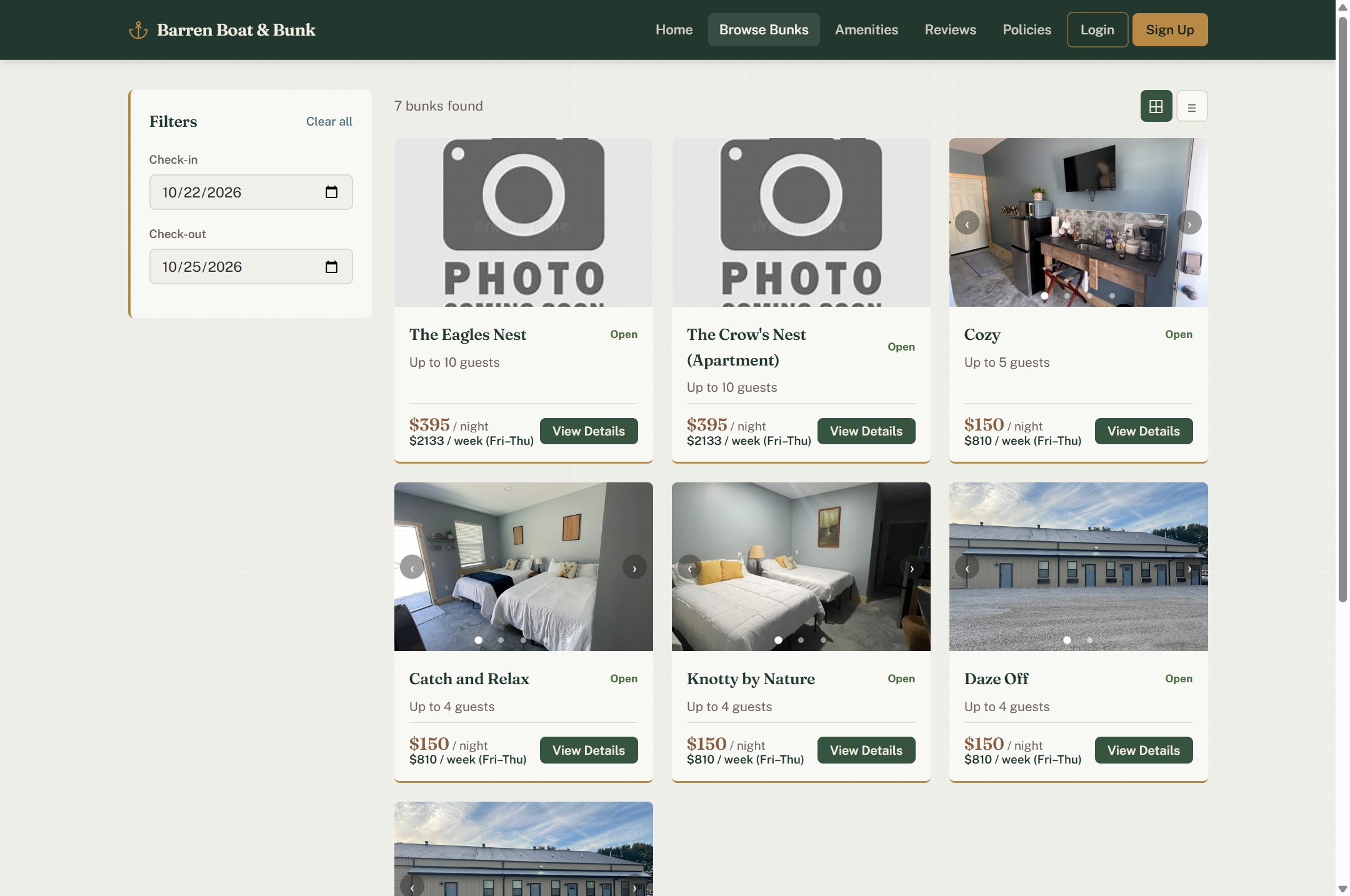 Browse Bunks with date filtering and nightly and weekly pricing