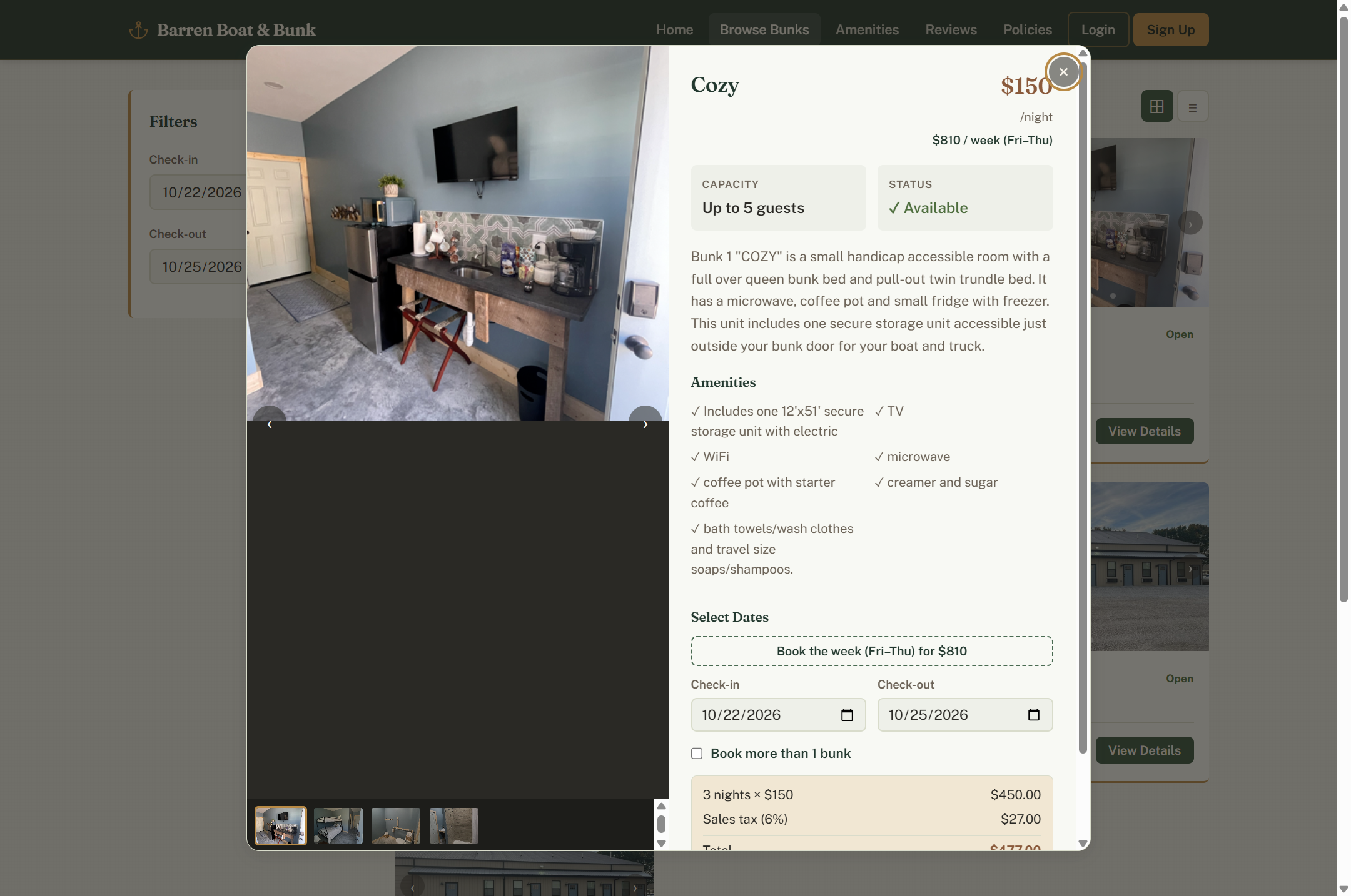 Bunk detail with amenities, date selection, and a live price breakdown with tax