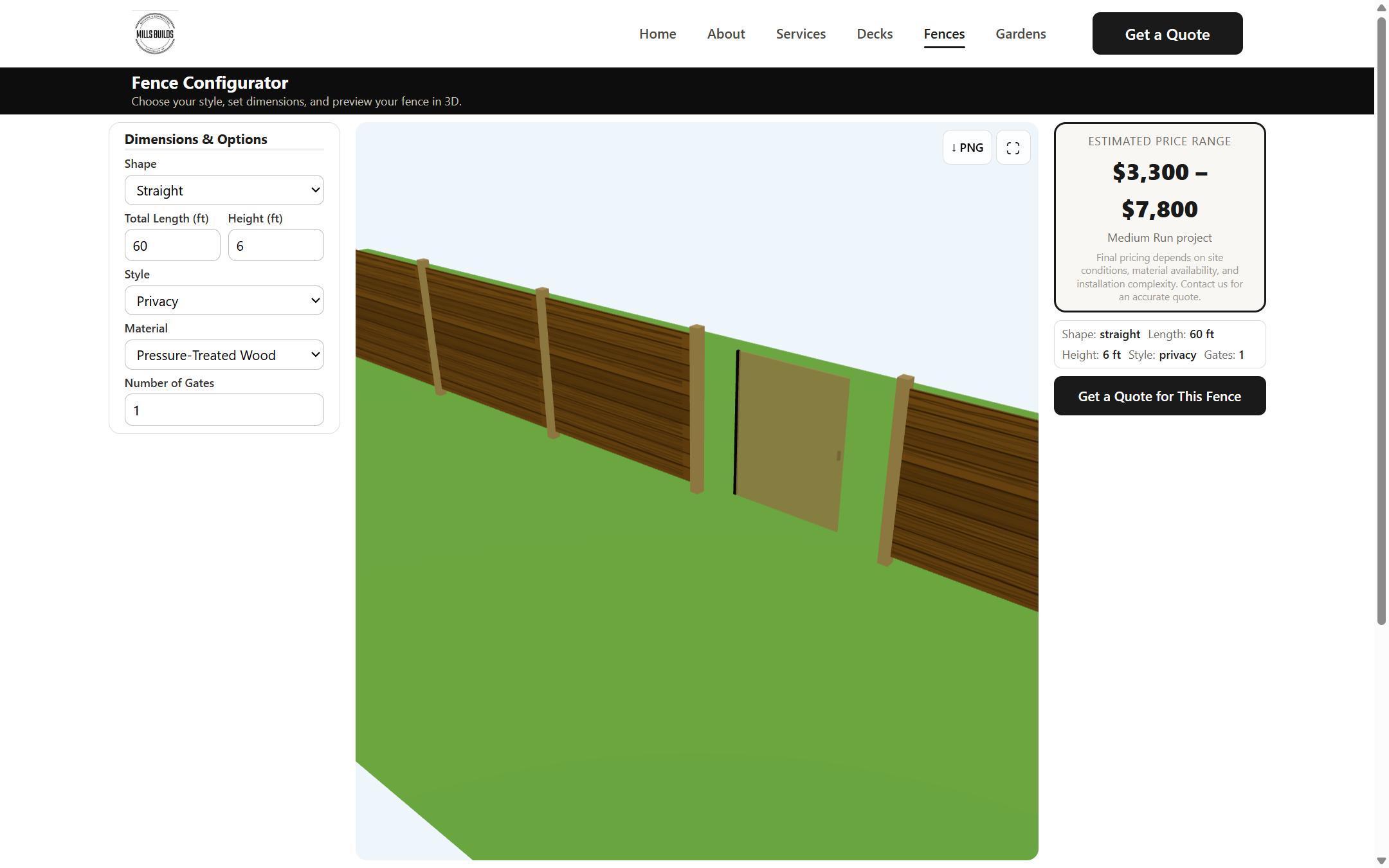 3D fence configurator with style, material, and gate options