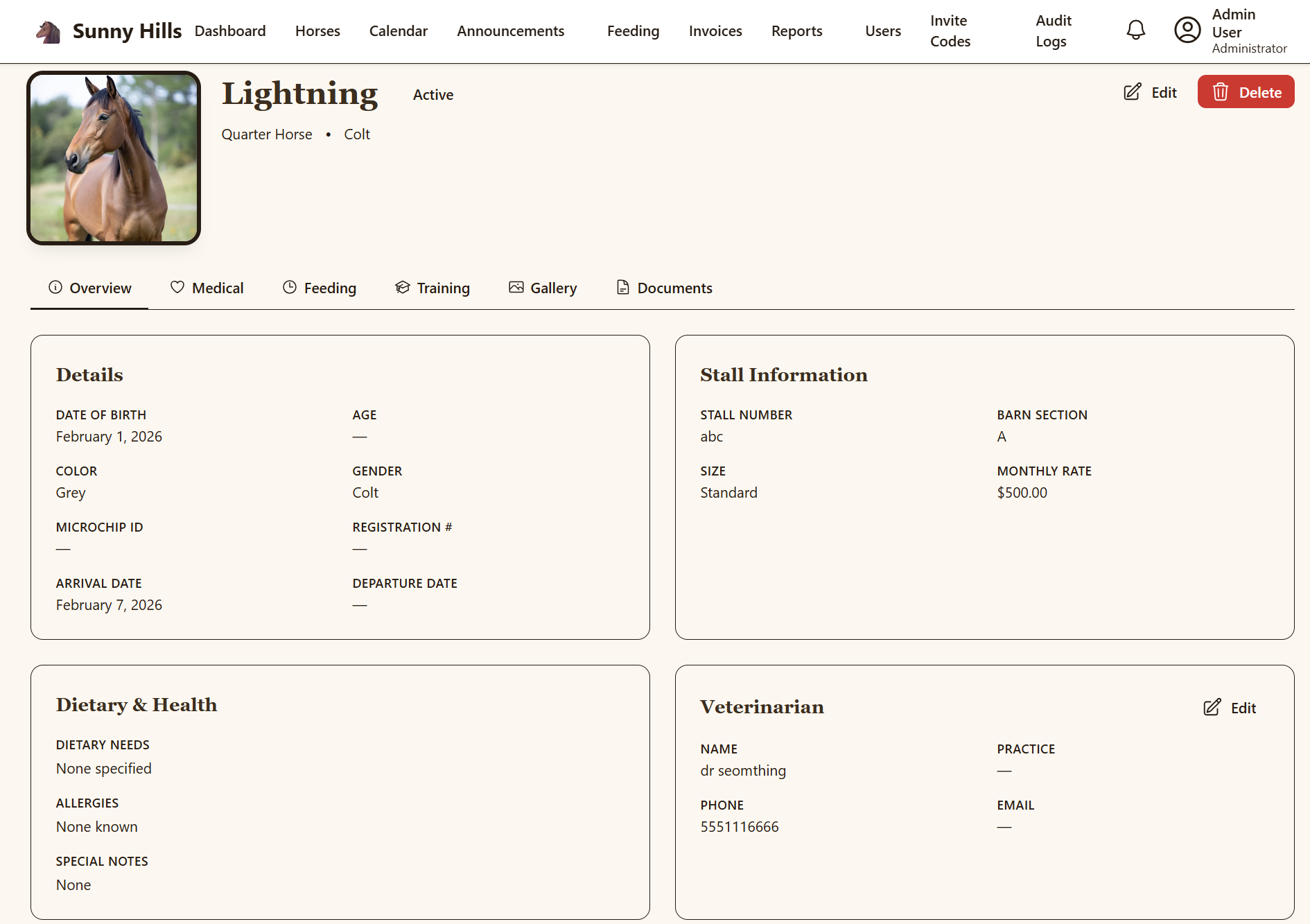 Individual horse profile with photos and records