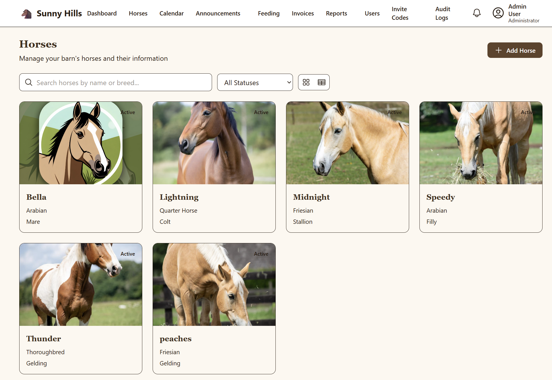 Horse roster with status and stall assignment
